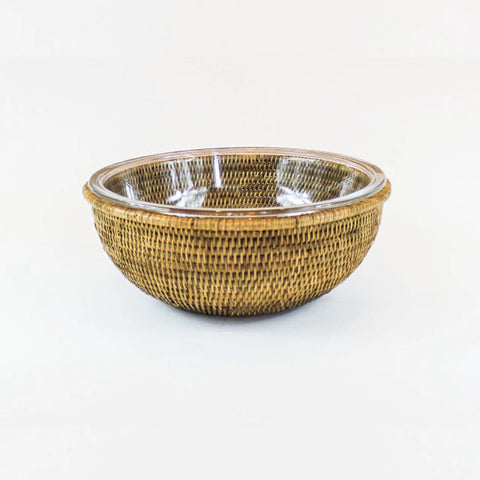 Bowl de vidro 28 cm com suporte em Rattan MAYA